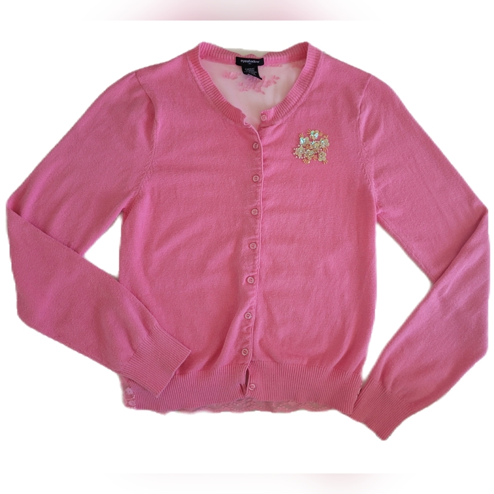 Eyeshadow Pink Floral Mesh Button Long Sleeve Cardigan | Size Girl's XL